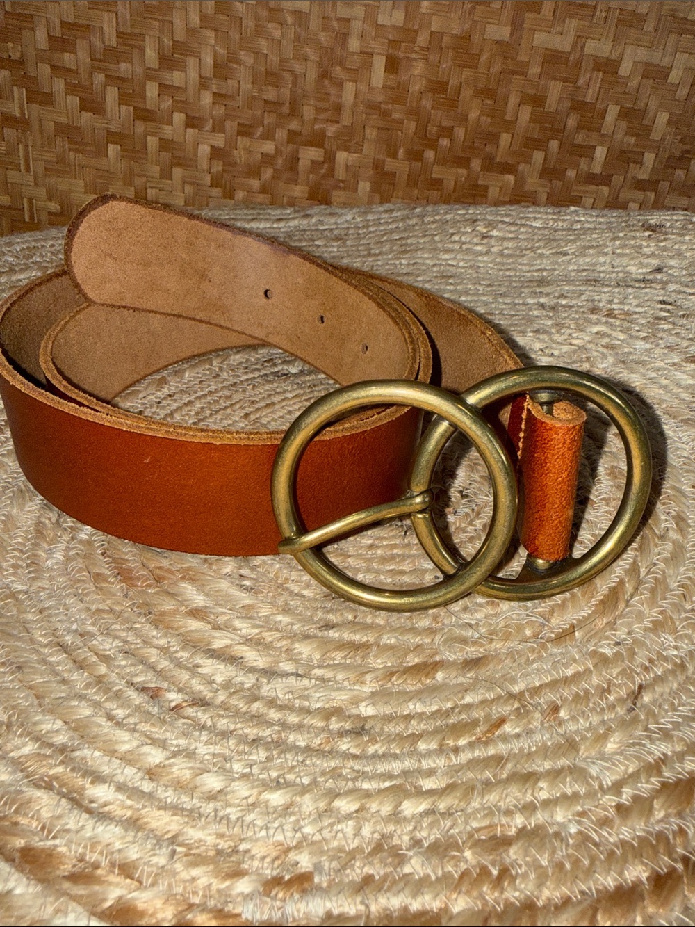 Genuine Leather Double Ring Belt Cognac Brown Brass Buckle Size L - Picture 2 of 8